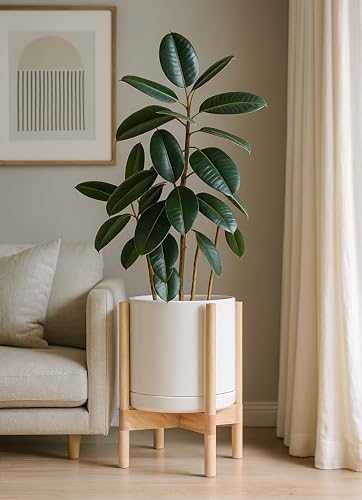 D'vine Dev Ceramic Pot with Natural Wood Stand, Oatmeal, 12 in, 55-B-J-8 - Image 6