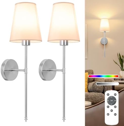 NIORSUN 25.4 inch Brushed Nickel Battery Operated Wall Sconce Set of 2,Rechargeable Wall Lights with Dimmable Detachable Bulbs and Remote,9 Colors Wireless Sconces for Bedroom Living Room Hallway by NIORSUN