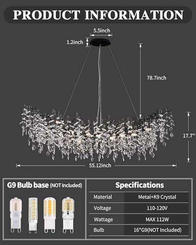 Modern Crystal Chandelier for Dining Room, 16-Light 55.12" Black Tree Branch Chandeliers, Luxury K9 Crystal Rectangular Chandeliers for Kitchen Island Living Room - Image 5