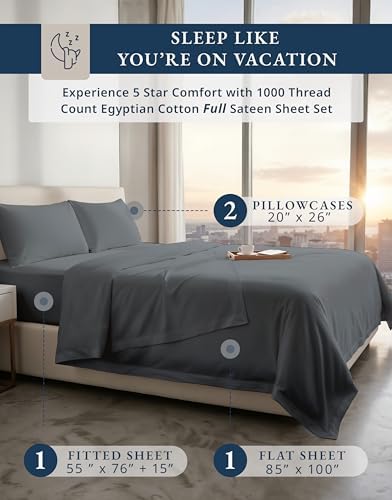 LANE LINEN Cooling Sheets Full 100% Egyptian Cotton Sateen - Charcoal - Image 2