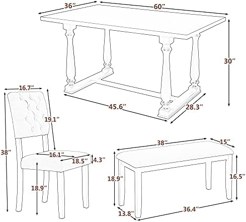 Retro 6-Piece Kitchen Dining Table Set with Comfortable Upholstery Chairs and Bench, Solid Wood Dining Table with Special-Shaped Legs, Suitable for Family Use (Espresso-Comfort) - Image 3