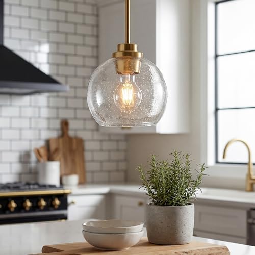 Pendant Lights Kitchen Island, 7" Modern Brushed Gold Hanging Lights Fixtures with Clear Seeded Glass Globe Shade, Kitchen Island Lighting for Bathroom, AD-22280-1P-GD-S - Image 6