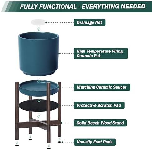 D'vine Dev Ceramic Pot with Walnut Wood Stand, Teal, 14 in, 55-B-T-4 - Image 5