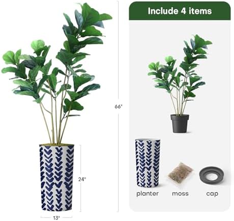 Artificial Tree in Modern Pattern Planter, Fake Ficus Lyrata Silk Tree for Indoor and Outdoor Home Decoration - 66" Overall Tall (Plant Pot Plus Tree) - Image 3
