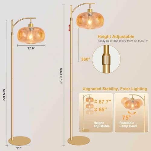 Glass Floor Lamp for Living Room, Modern Standing Lamp for Bedroom, Dimmable Tall Lamp with Shade, Remote,12W LED Bulb Included (Gold+Amber) - Image 4