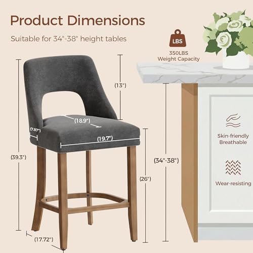 UVV Bar Stools Set of 6, Upholstered Counter Height Bar Stools, Modern Counter Stools with Wood Legs for Kitchen Island Dining Room Bar, Dark Grey - Image 2