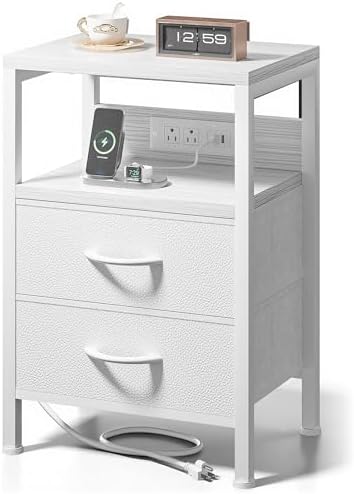Lazzanto Night Stand with Charger Station for Bedroom, White Nightstand by Lazzanto