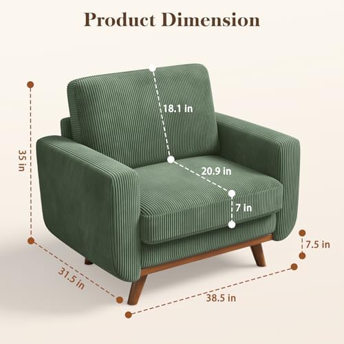Vesgantti 38.5" Accent Chair Green, Comfy Corduroy Single Sofa Seat with Spring Cushion, Upholstered Armchair with Deep Seat, Reading Chair for Adults, Modern Sofa for Living Room, Bedroom - Image 2