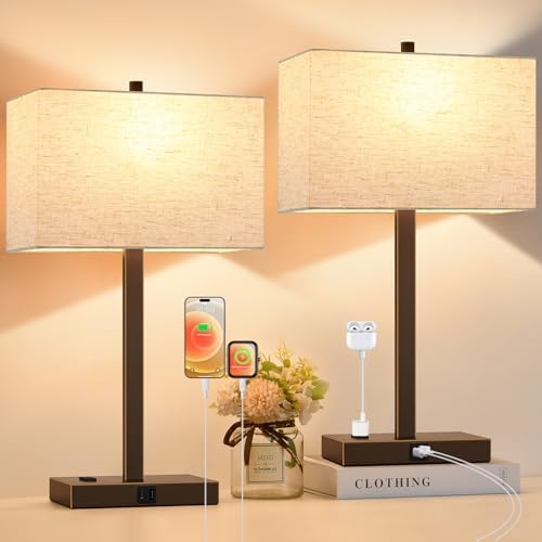 Lynnoland 21" Set of 2 Table lamp with USB A+C & AC Outlets, Touch Control 3-Way Dimmable Nightstand Lamps for Bedroom Living Room Office Reading, Line Shade Touch Lamps, 3000K LED Bulbs Included by BringBrightnesstoYourLife