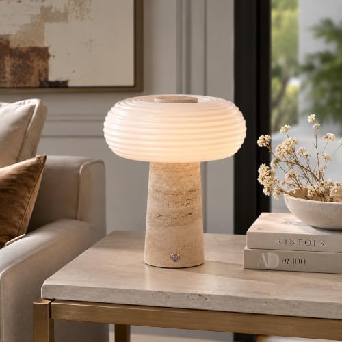 Nebula Travertine Cordless Table Lamp, Rechargeable Lamp with 5200mAh Battery, 3- Way Dimmable, Natural Marble Base, Ribbed Glass Shade, for Bedroom Living Room Office - Image 2