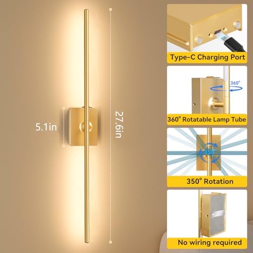 Battery Operated Wall Sconces Set of 2, Remote Control, 10000mAh, Gold - Image 5