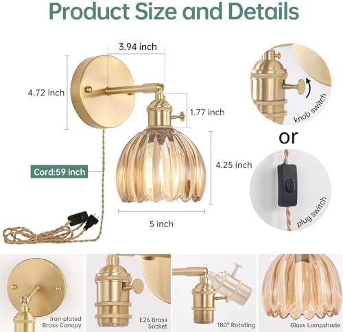 Shenmoyl Plug in Wall Sconce, Amber Tulip Glass Lampshade Wall Light Plugin Corded for Bedside Bedroom Doorway, 2 Pack - Image 5