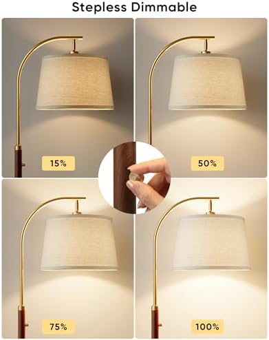 Dimmable Floor Lamp for Living Room, 65" Tall Metal Standing Lamp with LED Bulb, Mid Century Modern Arc Floor Lamp with Linen Shade for Bedroom, Reading Room, Office & Nursery, Gold and Walnut Color - Image 2