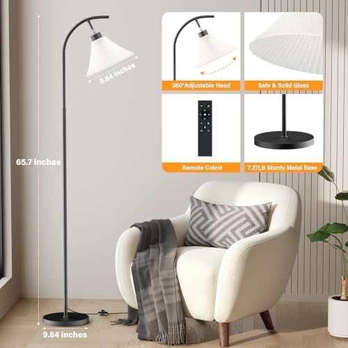 SIBRILLE Glass Floor Lamp, Dimmable Black Standing Lamp with Remote Control & 3 Color Temperatures, Modern Arc Floor Lamps for Living Room Bedroom Office Corner, 9W LED Bulb Included - Image 4