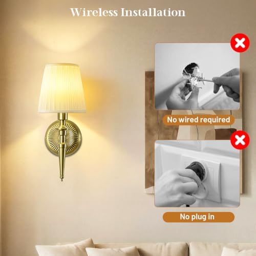 Battery Operated Wall Sconces Set of 2, Wireless Wall Lights with 12 RGB Colors and 3CCT Dimmable, Small Fabric LED Wall Lamps for Bedroom, Living Room, Hallway, Brass - Image 6