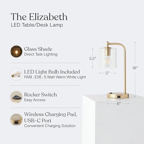 Brightech Elizabeth Table Lamp with Wireless Charging Pad and USB-C Port, Bedside Reading Lamp, Vintage Brass Gold Desk Lamp, Nightstand Lamp with LED Bulb for Bedroom, Living Room, Office - Image 4