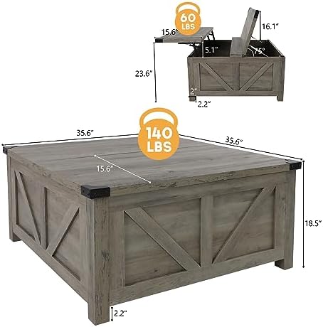 jimeimen Farmhouse Lift Top Coffee Table with Storage, Wood Square Center Table with Charging Station&USB Port, Living Room Table w/Large Hidden Space, for Living Room, Bedroom, Home Office, Grey - Image 2