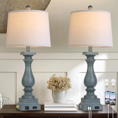 28" Tall Farmhouse Table Lamps Set of 2 with USB C+A Ports and AC Outlet, 3 Way Touch Control Rustic Bedside Lamp for Bedroom, Blue Vintage Nightstand Lamp for Living Room Office by MouvovoLighting