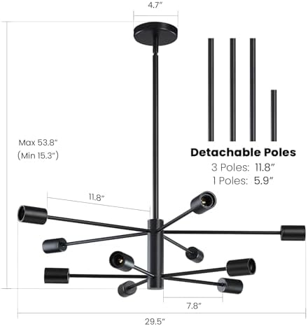 RUIYEY Modern Sputnik Chandeliers Light, 10-Light Black Chandeliers for Dining Room, E26 Height Adjustable Chandelier Ceiling Lighting Fixture for Farmhouse Kitchen Island Living Room Foyer - Image 2