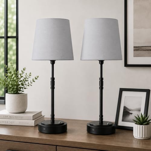 Cordless Table Lamps Set of 2 – Battery Operated Lamp with 7500mAh Rechargeable Battery, Stepless Dimmable Black Lamps with Grey Shade, Wireless Lamps for Dining Room & Nightstand (Bulbs Included) by BringBrightnesstoYourLife