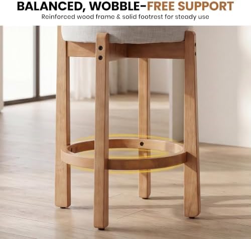 LukeAlon Mid Century Linen Counter Stools Set of 2, Upholstered 26.5" Seat Height Low Barstools with Natural Wood Legs Round Low Back Kitchen Stool with Footrest for Dining Room Pub Island, Light Grey - Image 6