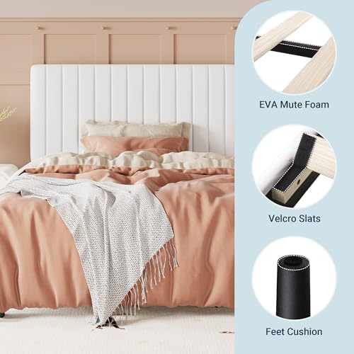Allewie Twin Bed Frame, Velvet Upholstered Platform Bed with Adjustable Vertical Channel Tufted Headboard, Mattress Foundation with Strong Wooden Slats, Box Spring Optional, Easy Assembly, Off-White - Image 7