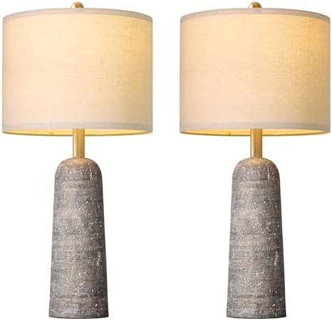 BOBOMOMO 27.25" Modern Table Lamp Set of 2, Light Grey Resin Table Lamps with Stone Look, Lamps for Living Room with Linen Shades, Bedroom Nightstand Lamps, Table Lamps for Living Room End Tables - Image 2