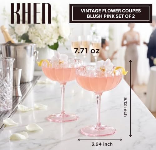 Khen Flower Modern Wavy Glass Coupes Martini, Champagne & Cocktail Coupes - Set of 2-7.7oz Colorful Cocktail Glasses & Prosecco, Mimosa Glassware Copyright Design - Blush Pink - Image 2