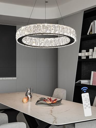 Modern 23.6'' Ring Crystal Chandelier Adjustable LED Ring Pendant Light Dimmable Black Round Crystal Chandelier Light for Dining Room Living Room - Image 5