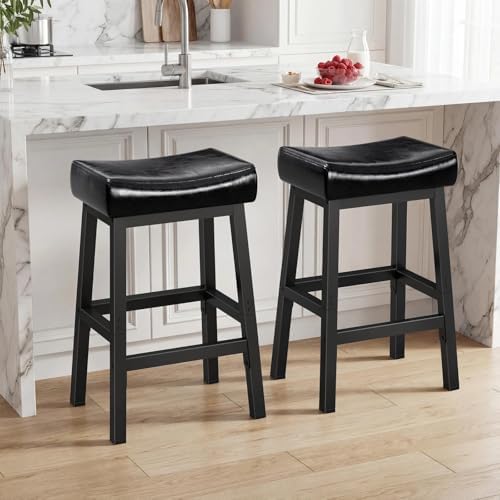 WINAZ Modern Backless Bar Stools Set of 2, 24 Inch Counter Height Stools with Footrest, Matte Finish Metal Legs, Padded Faux Leather Kitchen Island Chairs, Space Saving Stationary Design, Black by Unknown