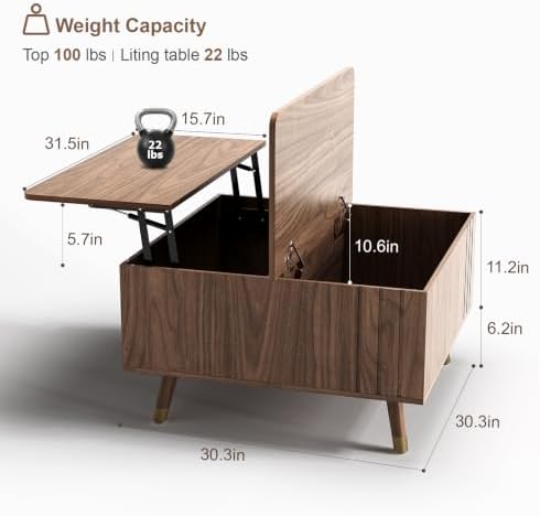 JOINICE Square Lift Top Coffee Table with Storage for Living Room,Walnut - Image 2