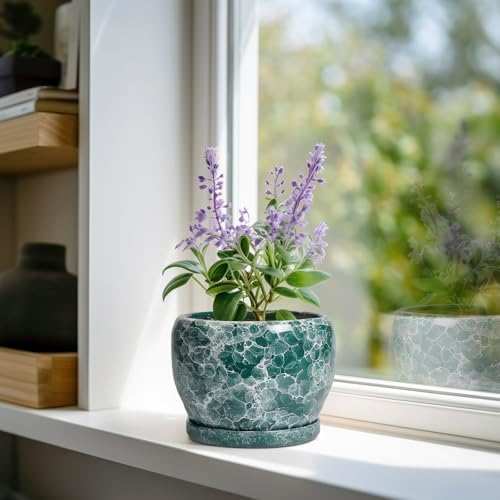 SQOWL Ceramic Pot for Plants - 6 Inch Ceramic Planter with Drainage Hole and Saucer, Round Flower Pot for Indoor Outdoor, Decorative Small Planter, Room Home Decor, Plant Lover Gifts, Green - Image 2