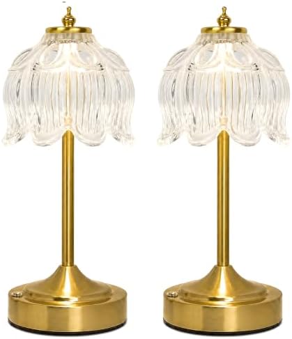 Lotus Flower Table Lamp, Cordless Rechargeable Amber Glass Bedside Lamp | 3600mAh Battery, Touch Control, 3 Color Modes & Stepless Dimming for Bedroom, Nightstand Clear White 2PC by Unknown