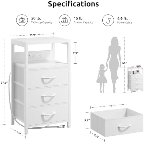 Lazzanto Night Stand with Charger Station, 3 Fabric Drawers, White - Image 2