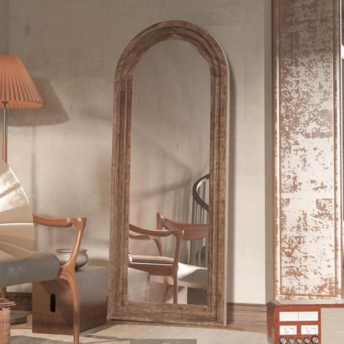 Arched Full Length Mirror with Solid Wood Frame 65x24 Inch Wall Mounted Floor Mirror, Vertical Hanging Leaning Standing Mirror for Living Room, Bedroom, Entryway, Brown - Image 2