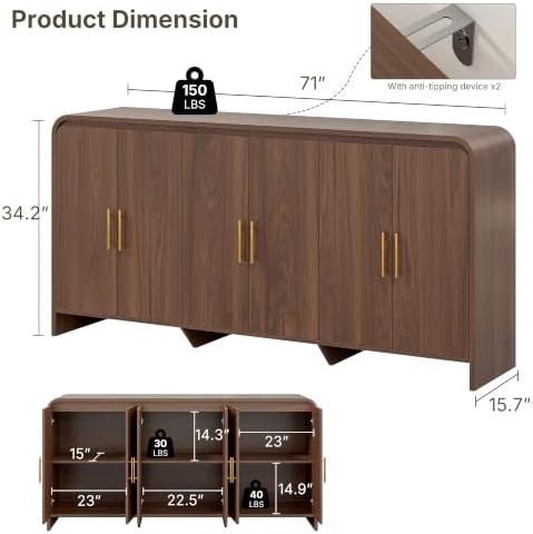71" Modern Sideboard Buffet Cabinet with Large Storage & 6 Doors, Walnut - Image 2
