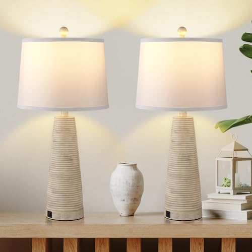 Terpsichore Nightstand Lamp Bedside Lamps Set of 2 Vintage Rustic Farmhouse Table Lamp 3 Way Dimmable Horizontal Stripe Light,for Living Room Bedroom,USB A+C (Pale Yellow, Hing 27 in) by Terpsichore