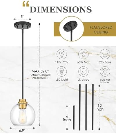 Pendant Lights Kitchen Island, 7" Black and Gold Hanging Lights Fixtures with Clear Glass Globe Shade, Modern Kitchen Island Lighting for Bathroom, AD-22280-1P-KG - Image 2