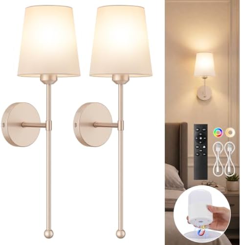 Wall Sconce, Champagne Gold and White Shade, Set of 2,RF Remote by Percantis