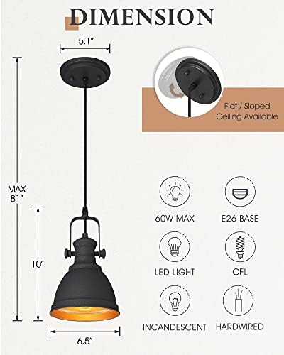 Black Industrial Pendant Lights Kitchen Island, 6.5" Metal Shade - Image 2