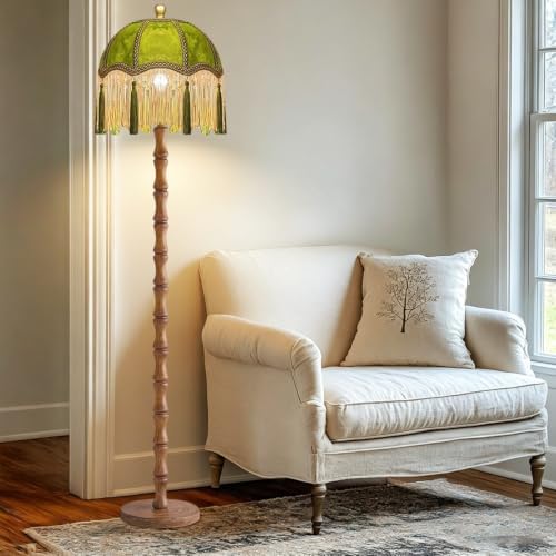 QIYIZM Vintage Floor Lamp for Living Room,Bedroom,Fringe Standing Lamp with Remote Dimmable,Green Mid Century Gold Tall Lamp Boho Retro Wood Tassel Flower Unique Lamp Tiffany Decor - Image 6
