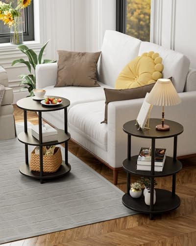 XBurmo Small Round End Table - 3 Tier Design Accent Table, Narrow Side or Bedside Stand, Industrial Vintage Nightstand for Bedroom, Living Room, or Small Spaces, Set of 2, Charcoal Wenge - Image 6