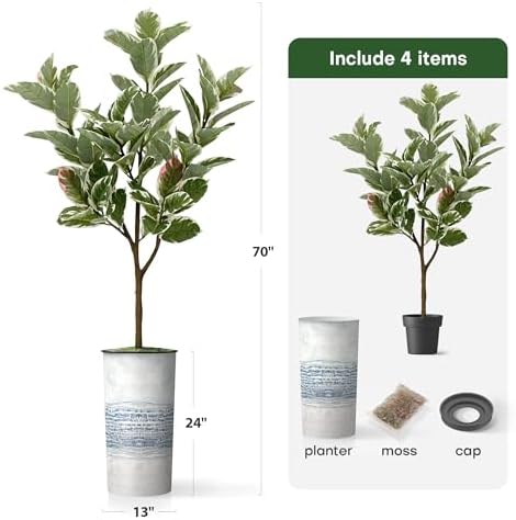 Artificial Tree in Blue Gray Industrial Line Pattern Planter, Fake Rubber Silk Tree for Indoor and Outdoor Home Decoration - 70" Overall Tall (Plant Pot Plus Tree) - Image 5