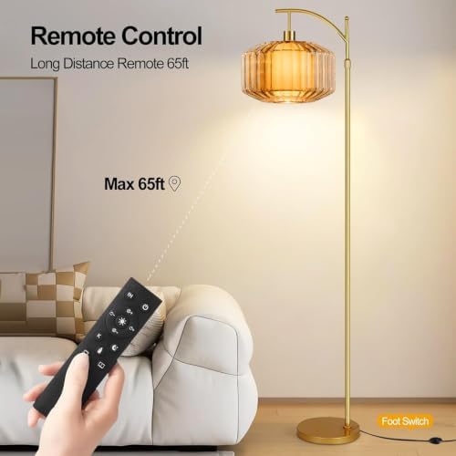 QIYIZM Glass Floor Lamp for Living Room,Bedroom,Gold Standing Lamp with Remote Dimmable,Arc Mid Century Modern Vintage Tall Lamp Brass Boho Floor Lamps Stained Retro Floor Light Lamp Bohemian - Image 5