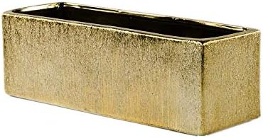 WGVI Long Rectangle Ceramic Planter Vase in Gold Etched 12" x 4" x 4"H, Block Rectangular Terrarium Box Pot, Flower Arrangement, Table top Centerpiece, Home Decor Storage Container, 1 Pc. by WGVInternational-OpusGlassware