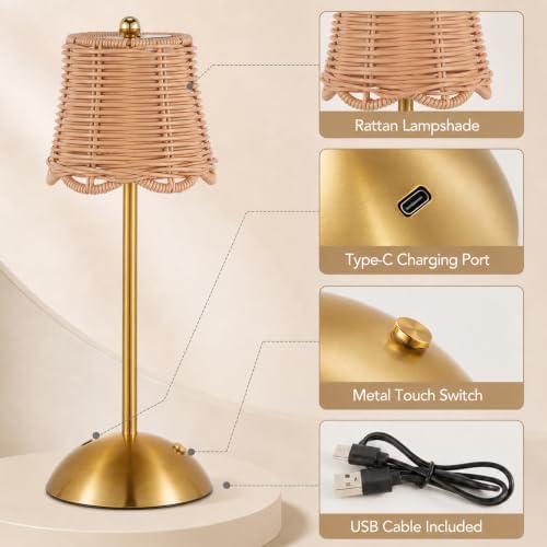 4 Pcs Cordless Table Lamp Rechargeable Touch Lamp Gold Woven - Image 3