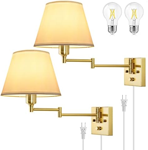 TRLIFE Wall Sconce Plug in, Brushed Brass Dimmable Wall Sconces Set of 2 Swing Arm Wall Lights with Plug in Cord and Dimmer On/Off Knob Switch, 9.4" Medium White Fabric Shade(2 LED Bulbs Included) by TRLIFE