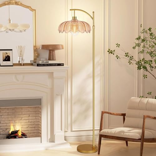 Arc Floor Lamp with 3 Color Temperatures,Gold Floor Lamp with Remote & 3 Color Temperature,Mid Century Modern Standing Lamp with Glass Lampshades,Vintage Tall Floor Lamps for Living Room Bedroom - Image 3