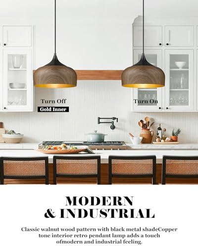 ELYONA Modern Bauhaus Pendant Light Walnut Wooden Pattern Dome Pendant Light Fixture Matte Black Metal Gold Inner Adjustable Hanging Lighting for Kitchen Island Dining Room Office Hallway Bedroom - Image 4