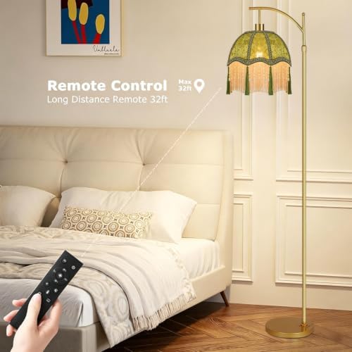 Vintage Floor Lamps for Living Room Boho Rustic Floor Lamp with Remote Control & 3 Color Temperature,Dimmable Gold Floor Lamp Mid Century Modern Standing Lamp Fringe Green Tall Floor Lamp For Bedroom - Image 4